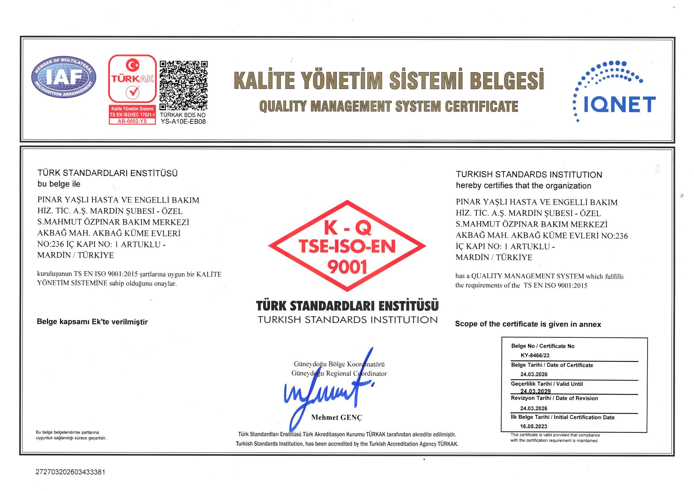 Kalite Yönetim Sistemi Belgesi