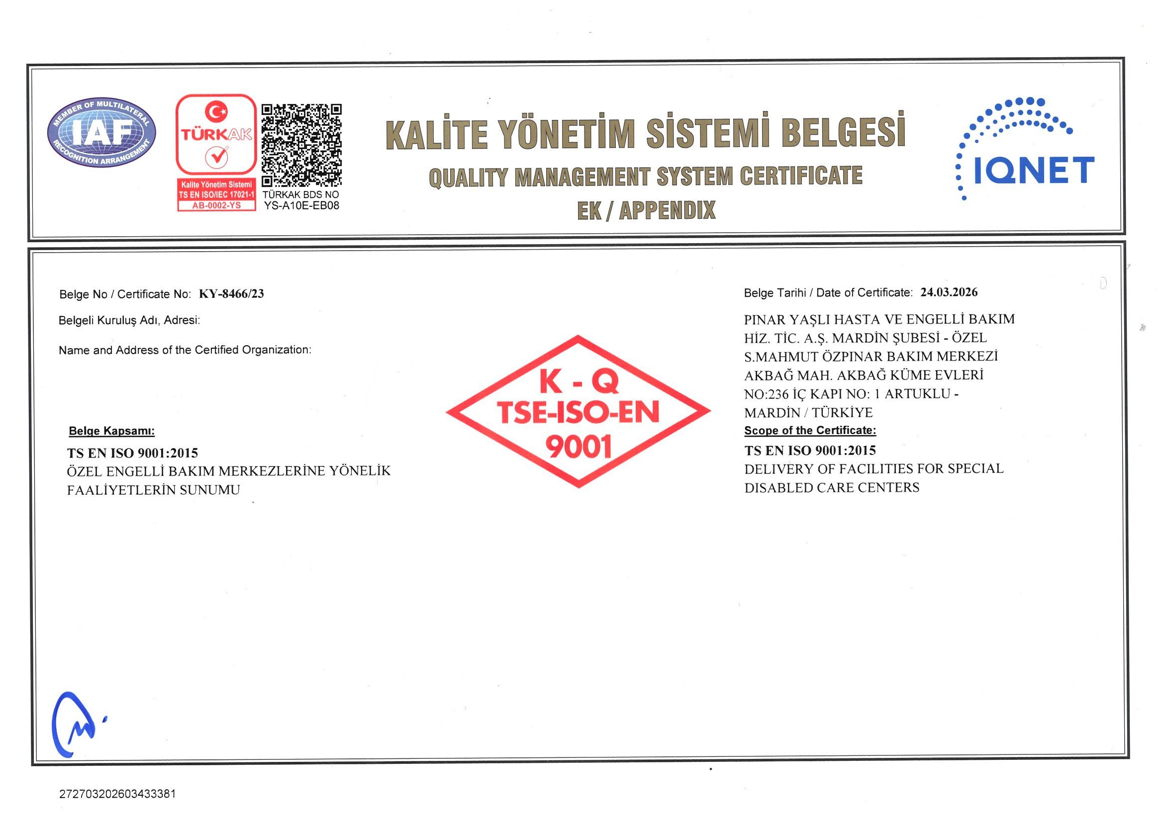 Kalite Yönetim Sistemi Belgesi